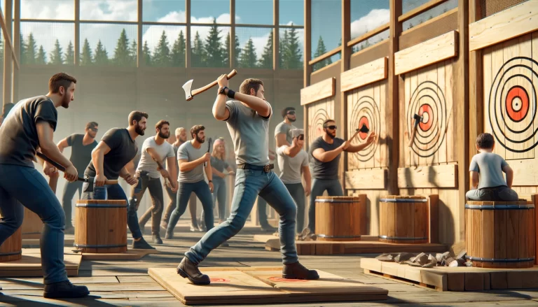 Experience the thrill of axe throwing! Teams throw axes at targets, testing their skills and competing for accuracy and fun.