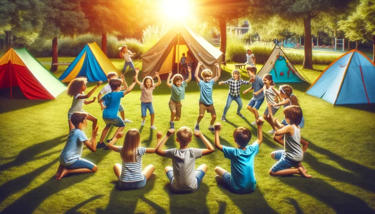 Join the Campers and Tents game! Campers run through tent legs and around the circle. Last one back is out. Fun and active group activity!