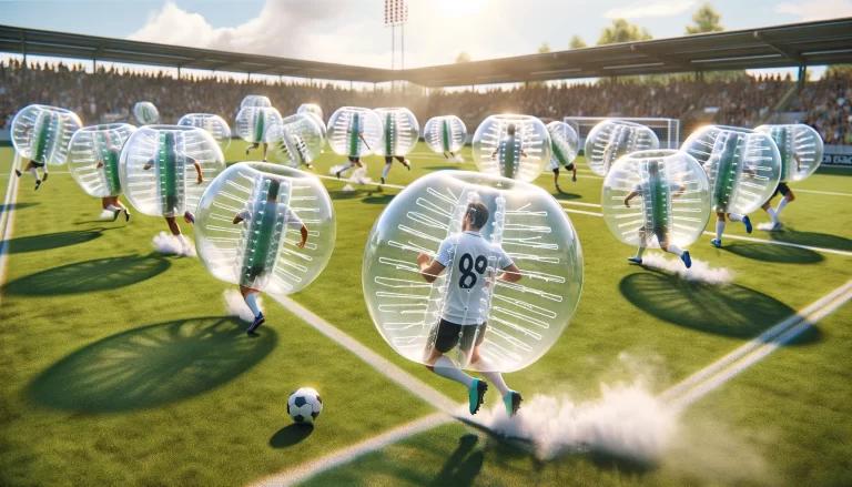 Bubble Soccer with large inflatable bubbles for protection. Enjoy a safe and hilarious game where impacts are fun and laughter is guaranteed.