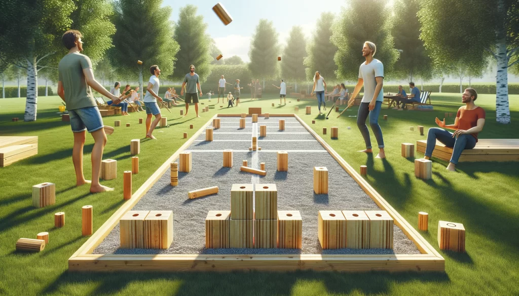 Play Kubb, the classic Swedish lawn game! Throw wooden batons to knock over kubbs and aim to topple the king to win. Perfect for outdoor fun and competition!