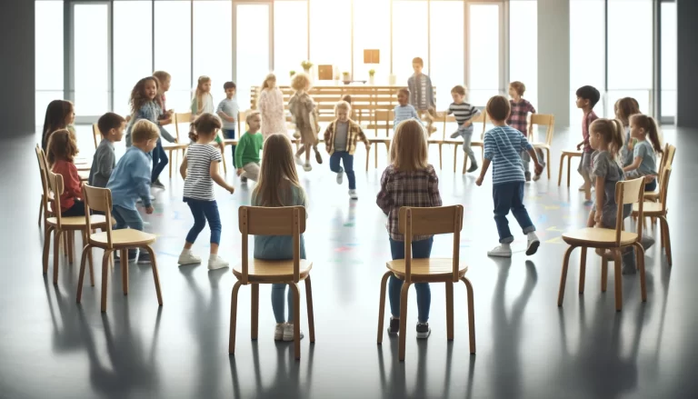 Experience the classic fun of musical chairs! Play music, sit when it stops, and try fun variations like going under chairs or new patterns.