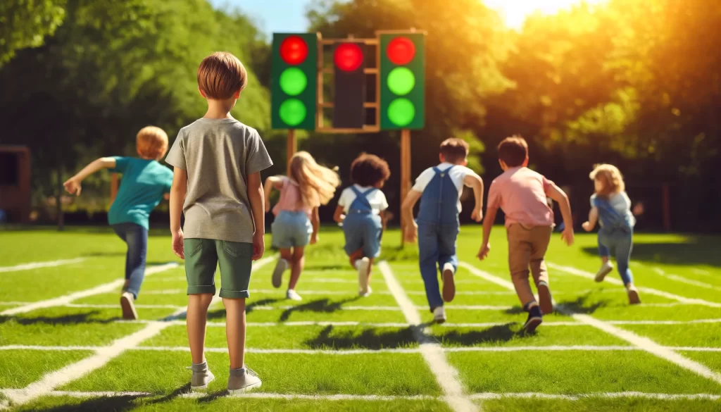 Enjoy Red Light Green Light! The player who is "it" says "Green Light" to run and "Red Light" to stop. Move without getting caught to win!