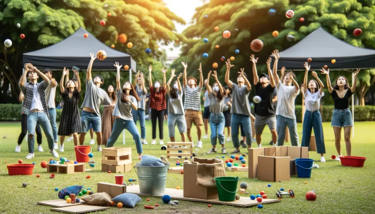 Experience the fun of a target practice throwing game! Compete by throwing random objects, adding a unique twist to this exciting party game.